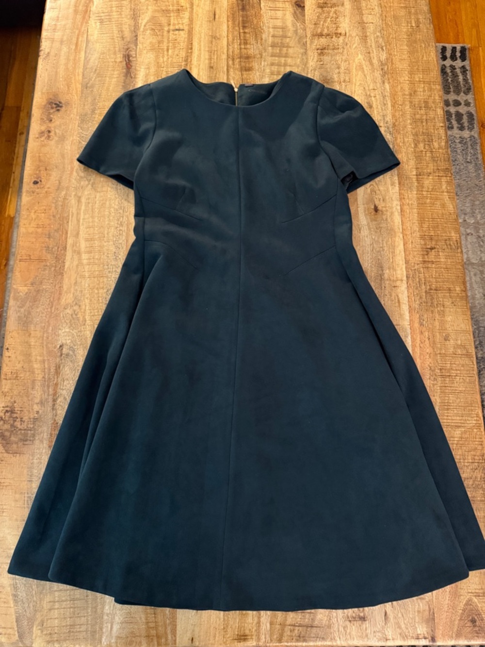Calvin Klein Short Sleeve Fit & Flare Midi A line Dress in Dark Green faux suede